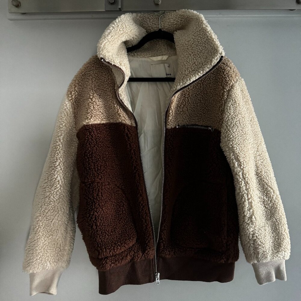 Wilfred Free Teddy Bomber Jacket, Size XS (but runs big), Brown/Caramel/Beige